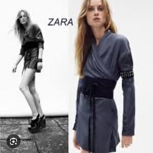 ZARA Gray SILK BLEND SASH KIMONO DRESS LIMITED EDITION Size XS-Small